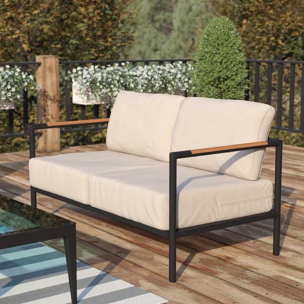 Black Teak Accented Loveseat with Cushions, Flash Furniture, Mfr#: GM-201027-2S-GY-GG